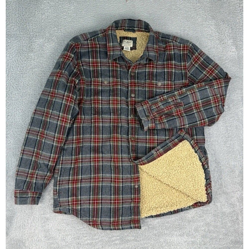 LL Bean Scotch Plaid Shirt Mens Large Sherpa Lined Flannel Snap Front Shacket